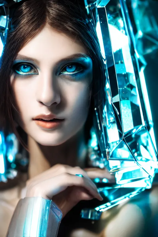 Prompt: beautifull cyberpunk woman model, wearing crystal armor, cables, luxury materials, symmetrical, cinematic, elegant, professional studio light, real dlsr photography, sharp focus, 4 k, ultra hd, sense of awe, high fashion