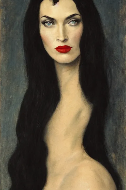 Image similar to upper body portrait megan fox as morticia addams by alfred stevens