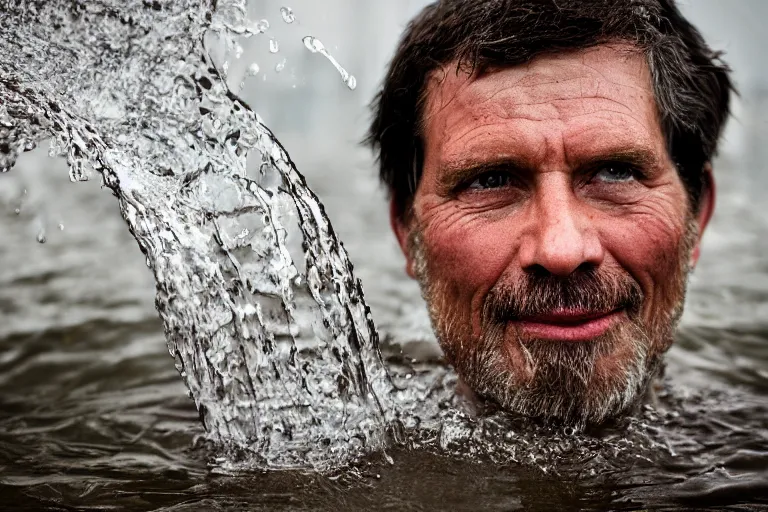 Image similar to closeup potrait of a man with a bucket of water in a flood in Amsterdam, photograph, natural light, sharp, detailed face, magazine, press, photo, Steve McCurry, David Lazar, Canon, Nikon, focus