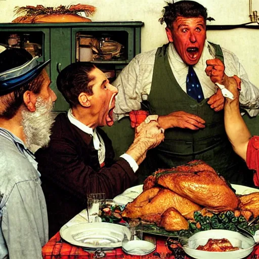 Prompt: a drunken man yelling at his brother, thanksgiving dinner, by norman rockwell