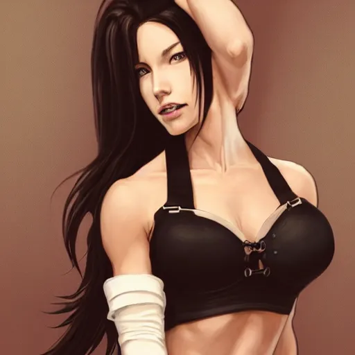 Prompt: portrait of tifa lockhart wearing black bra, in a chapel, attractive, casual, modern, victoria's secret, highly detailed, digital painting, artstation, concept art, smooth, sharp focus, illustration, art by artgerm, greg rutkowski and alphonse mucha