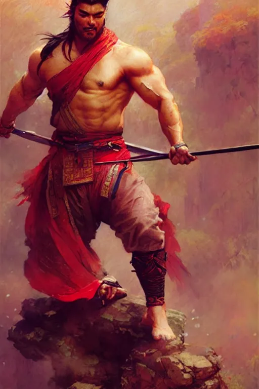 Image similar to wuxia, attractive beefy man, character design, colorful, painting by gaston bussiere, craig mullins, greg rutkowski, j. c. leyendecker