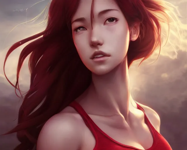 Prompt: beautiful portrait of Makise Kurisu, sports bra, red braided hair, by charlie bowater, ross tran, artgerm, and makoto shinkai, detailed, soft lighting, rendered in octane