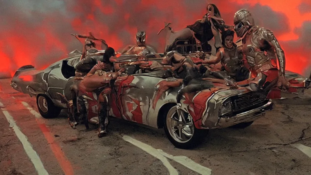 Image similar to film still from the movie death race 3 0 0 0, the sequel to the movie death race 2 0 0 0, cult cinema, pulp cinema, vintage, nineteen seventies, saturated color, cinematic lighting, cinematic composition