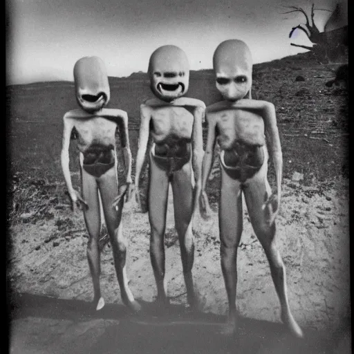 Image similar to polaroid photograph of horrorific alien beings visiting earth, 1 9 5 0