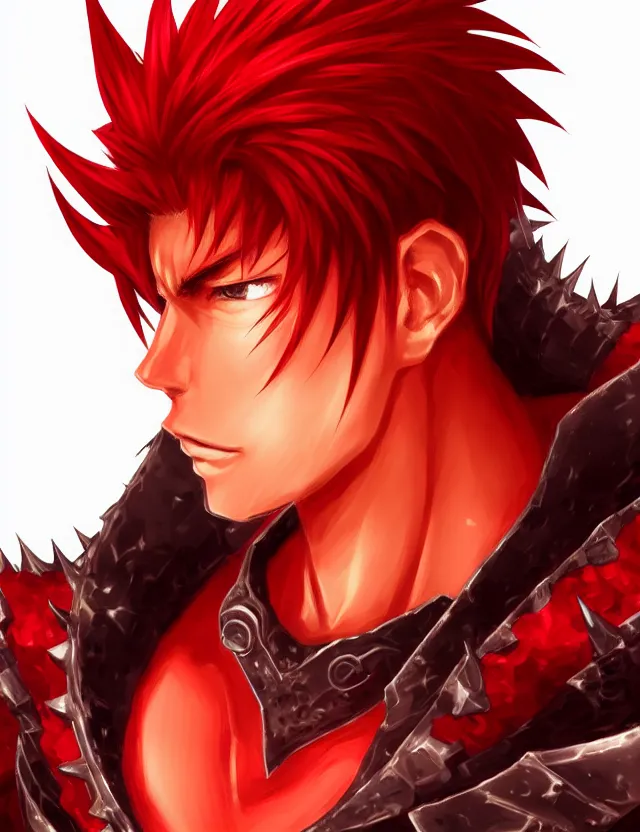 Image similar to a detailed manga portrait of a handsome tall man with spiked crimson hair in fiery crimson crystalline armour, trending on artstation, digital art, 4 k resolution, detailed, high quality, sharp focus, hq artwork, coherent, insane detail, character portrait