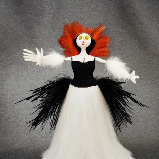 Prompt: a humanoid stop motion ghostly rosy maple moth black widow hybrid puppet, wearing a peacock wedding dress with an extra long train of peacock feathers, created by tim burton for a new stop motion animation, creepy, cute, macabre, cartoon, real life