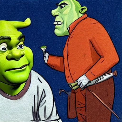 Prompt: Art piece depicting Shrek being represented in court by Saul Goodman