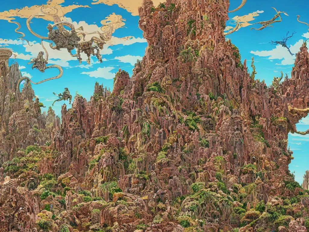 Image similar to epic temple with spires and carvings, stone canyon, flying creatures, colorful clouds, alien world, by Geof Darrow and Roger Dean, science fiction, trending on artstation, detailed, hyper-detailed