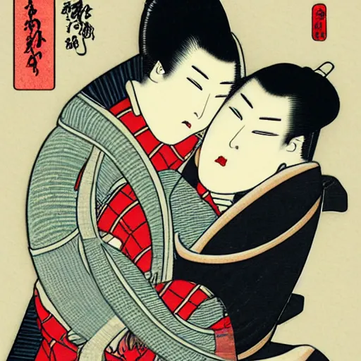 Prompt: a robotic man and woman hugging, shunga style, ukiyo - e art, artstation