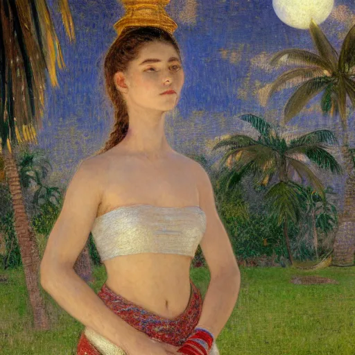 Image similar to a ultradetailed beautiful bitmap of the moon girl on the amazonas palace by jules bastien - lepage, hans belmer, frank weston and gustave baumann, trending on artstation, mediterranean, palm trees, light sparkles, sharp focus, soft light, 8 k 4 k