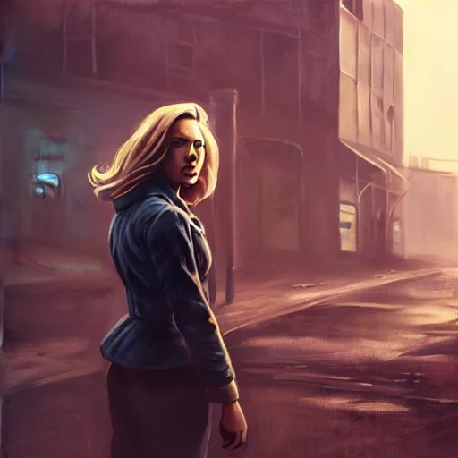 Image similar to fallout 5, charismatic beautiful rugged blonde female protagonist, portrait, outdoors ruined cityscape, atmospheric lighting, painted, intricate, volumetric lighting, beautiful, foggy, daytime, slight overcast weather, sharp focus, deep colours, ultra detailed, by leesha hannigan, ross tran, thierry doizon, kai carpenter, ignacio fernandez rios