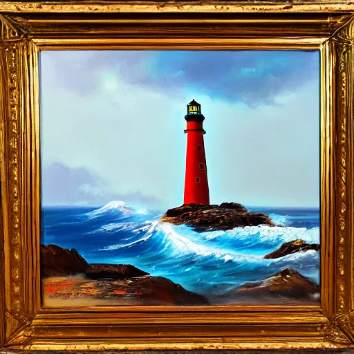 Image similar to an oil painting of a lighthouse overlooking a blood ocean