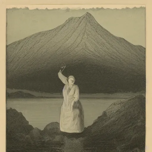 Prompt: a figure if a woman standing in front of a large lake that leads to a massive mountain. - h 7 6 8