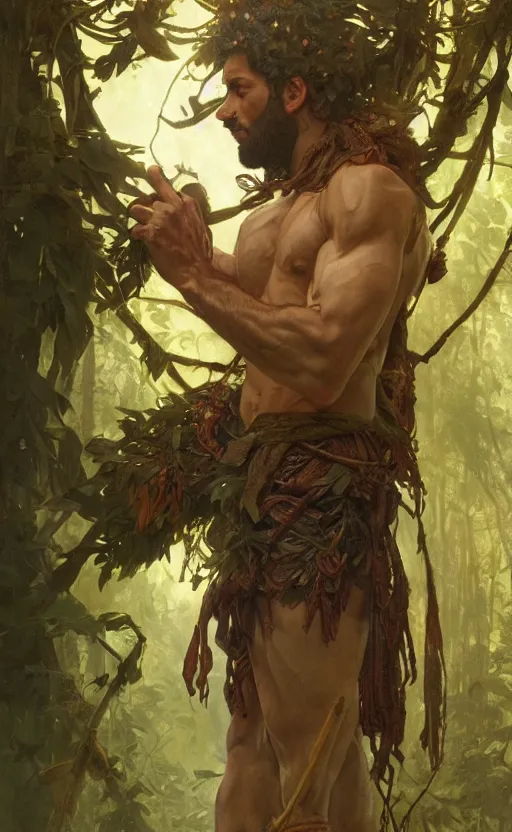 Image similar to god of the forest, 3 0 years old, rugged handsome, male, gorgeous, detailed face, clean lines, cinematic light, amazing, full body, flowers, muscular, intricate, highly detailed, digital painting, artstation, concept art, sharp focus, illustration, art by greg rutkowski and alphonse mucha