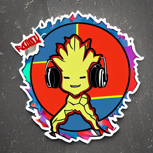 Image similar to svg sticker of a Pop-Wonder Groot-Marvel-Avenger at a rave, spinning records, giant headphones rocking out, wearing headphones, huge speakers, dancing, rave, DJ, spinning records, digital art, amazing composition, rule-of-thirds, award-winning, trending on artstation, featured on deviantart