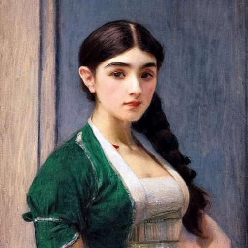 Prompt: maid uniform, symmetric beautiful face, orientalism portrait of a cute young woman with twin tails by Edwin Longsden Long and Theodore Ralli and Nasreddine Dinet and Adam Styk masterful intricate artwork