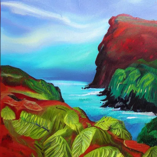 Image similar to rough acrylic painting of a lush natural scene on an alien planet by caroline degroiselle. beautiful landscape. weird vegetation. cliffs and water.