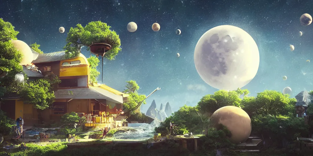 Prompt: planet cheese with wax moon, visible planets in the sky, hanging trees, floating houses, soda waterfalls, living cheese flying though the sky, Greg Rutkowski, 3d scene, trending on Artstation, 8K, ultra wide angle, pincushion lens effect.