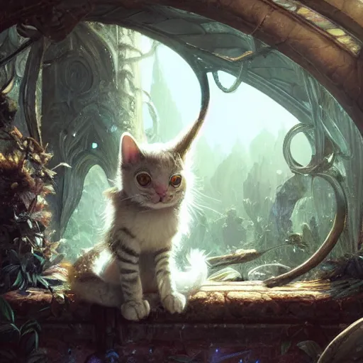 Image similar to highly detailed cat furry, fursona, furry art, white fur, stephen bliss, unreal engine, fantasy art by greg rutkowski, loish, rhads, ferdinand knab, makoto shinkai and lois van baarle, ilya kuvshinov, rossdraws, tom bagshaw, global illumination, radiant light, detailed and intricate environment