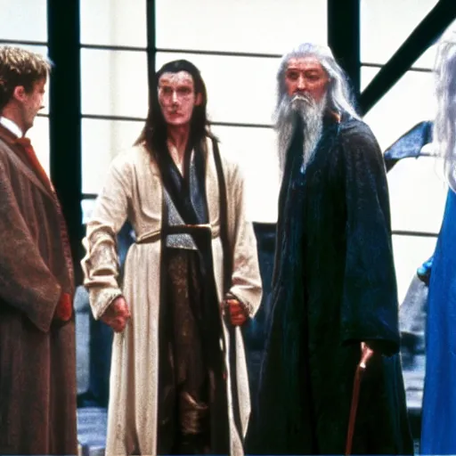 Prompt: Legolas, Frodon, Gandalf in American Psycho (1999)