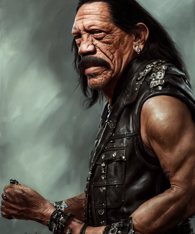 Image similar to danny trejo, cinematic, wearing a leather vest, holding a skull elegant, highly detailed, digital painting, artstation, smooth, hard focus, illustration, art by jessica rossier and and brian froud