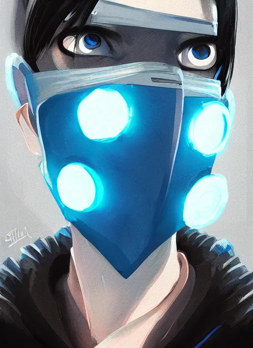 Image similar to concept art close up blue cyberpunk character with a surgical mask, by shinji aramaki, by christopher balaskas, by krenz cushart