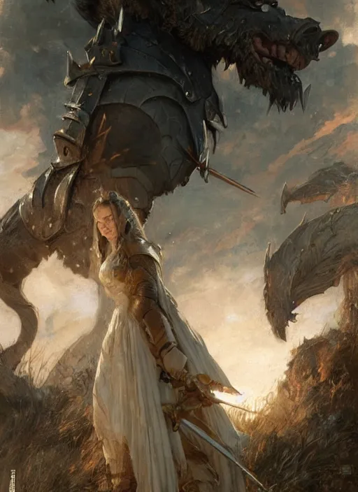 Image similar to short muscular woman wearing thick medieval armour, emilia clarke, detailed by gaston bussiere, bayard wu, greg rutkowski, maxim verehin, greg rutkowski, masterpiece, sharp focus, cinematic lightning