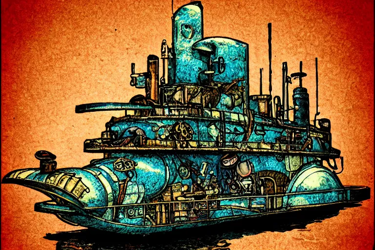 Image similar to steampunk submarine!, in the style ofjean henri gaston giraud, trending on artstation, halfrear lighting closeup view anaglyph filter, bokeh, anime, comic book art