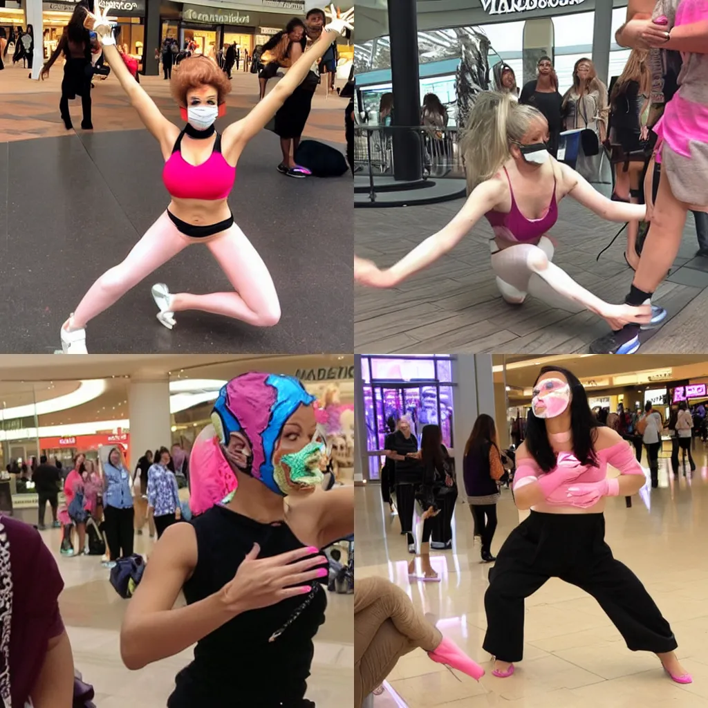 Prompt: Woman with botched plastic surgery on her face doing the crab walk at the mall