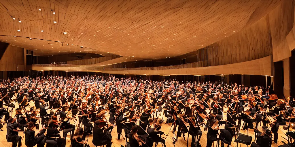 Prompt: interior space of a concert hall venue with a symphony orchesta playing on the stage, realistic, low saturated, octane 8 k