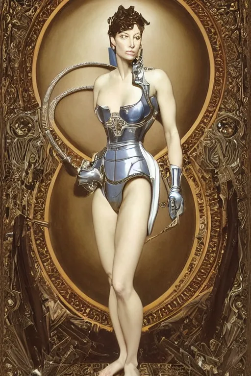 Prompt: very detailed portrait of christine turlington as princess of dark futuristic robotic world, by frederic leighton, hajime sorayama, mysticism, intricate, highly ornate silvery trim armoury