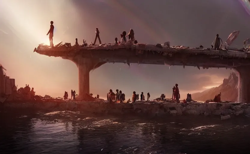 Image similar to incredible, mindblowing, refugees crossing a ruined bridge made of rainbow hardlight, floating city in the sky, matte painting, artstation, cgsociety, dramatic lighting, concept art, octane render, arnold 3 d render