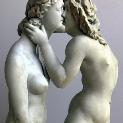 Image similar to sculpture of venus de milo and aphrodite kissing, hyperrealistic style in carrara marble