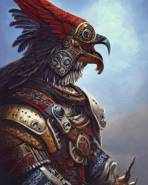 Prompt: digital painting of an aztec eagle knight by filipe pagliuso and justin gerard, symmetric, fantasy, detailed, intricate, portrait, sharp focus, tarot card, handsome, gwent