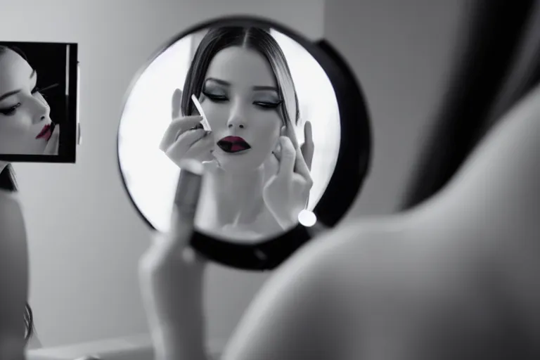 Image similar to beautiful female android, putting on makeup in front of a bathroom mirror, cinematic black and white movie still