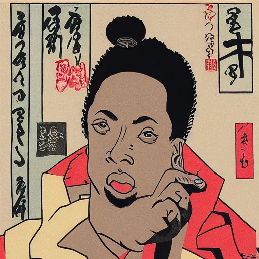 Image similar to Inspectah Deck rapping, portrait, style of ancient text, hokusai