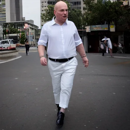 Image similar to a giant middle aged balding blue eyed white man dressed in a white shirt, gray pants and black dress shoes walking in a miniature city