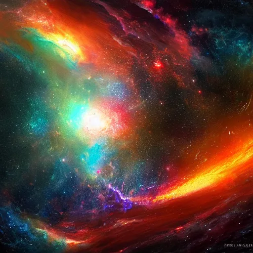 Image similar to The beginning of the universe, space photography, singularity exploding into galaxies, high energy, intricate details, deviantart, digital painting, concept art