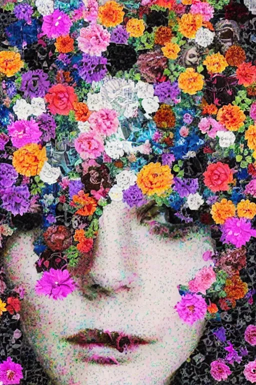 Image similar to glitch abstraction made from collage of female medieval faces mixed with flowers