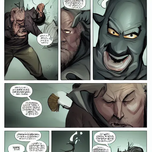 Image similar to portrait of an angry man with rhino horn, wide shot saga comic, fiona staples