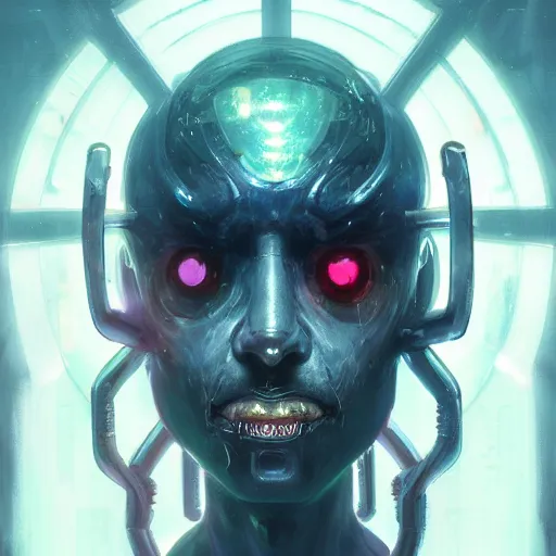 Image similar to realistic portrait of shodan from system shock 2, sentient hyper - optimized data access network, cyberpunk, painted by greg rutkowski, painted by stanley artgerm, painted by igor kieryluk, digital art, promotional art, trending on artstation