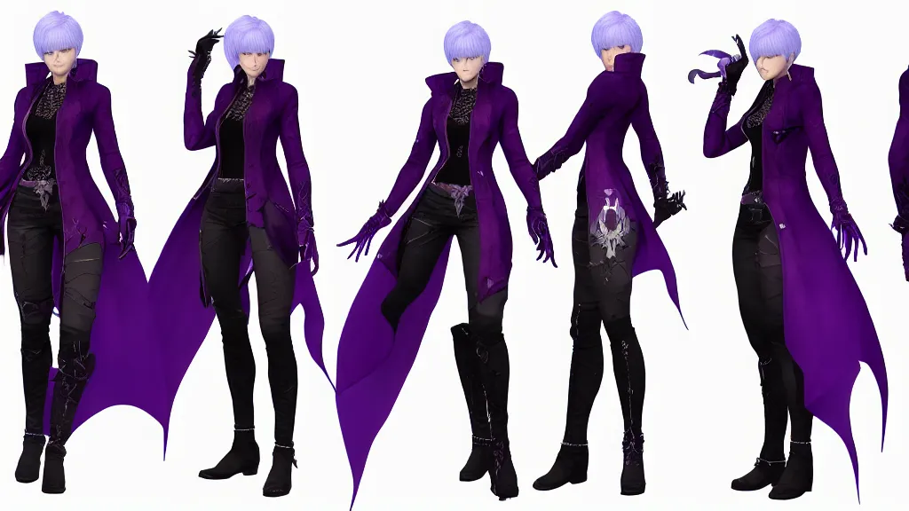 Prompt: devil may cry Vergil's daughter character design sheet, female, purple and black outfit, ghost sword, intricate, trending on artstation