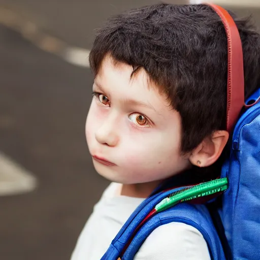 Image similar to realistic portrait 3 5 mm camera shot of a young child with a school bag very detailed, hyperrealistik 4 k