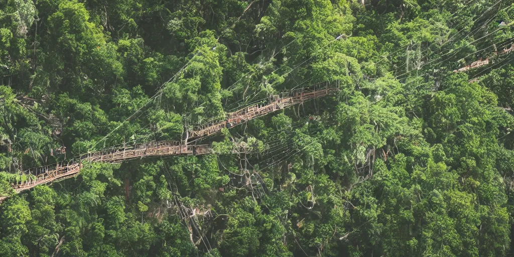 Prompt: a vast treehouse city built in an ancient forest, rope bridges, 8 k, shallow depth of field, intricate detail,