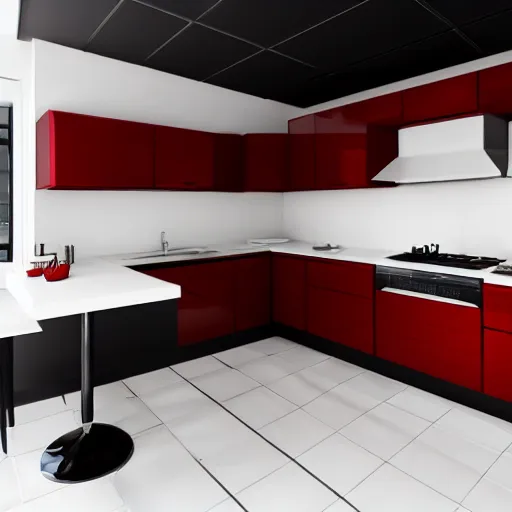 Image similar to photo of black, matte kitchen fronts surfaces and furniture, dark red walls at the back, white floor tiles on the ground, white ceiling, architecture, concept art