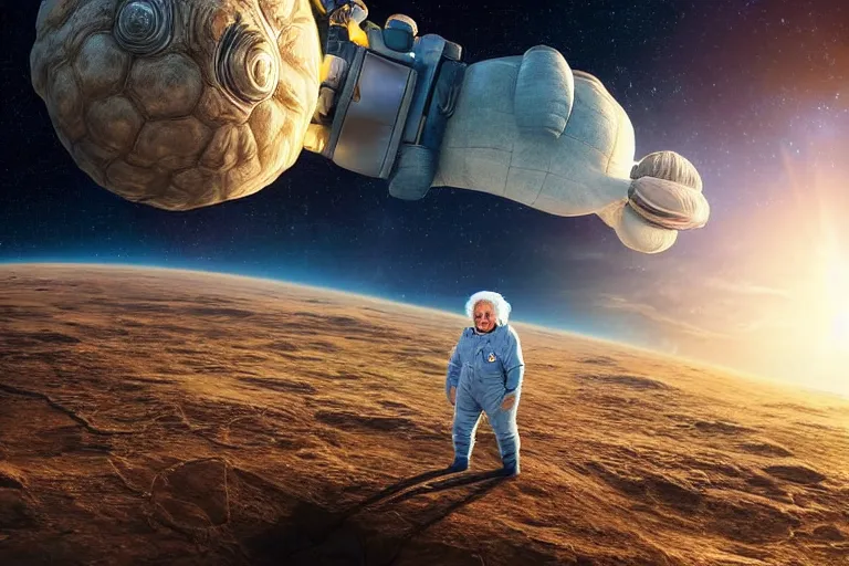 Image similar to still fullbody photo of sad albert einstein in spacesuit, giant flat earth on elephants and turtle at background, highly detailed, photorealistic shot, bright studio setting, studio lighting, crisp quality and light reflections, unreal engine 5 quality render