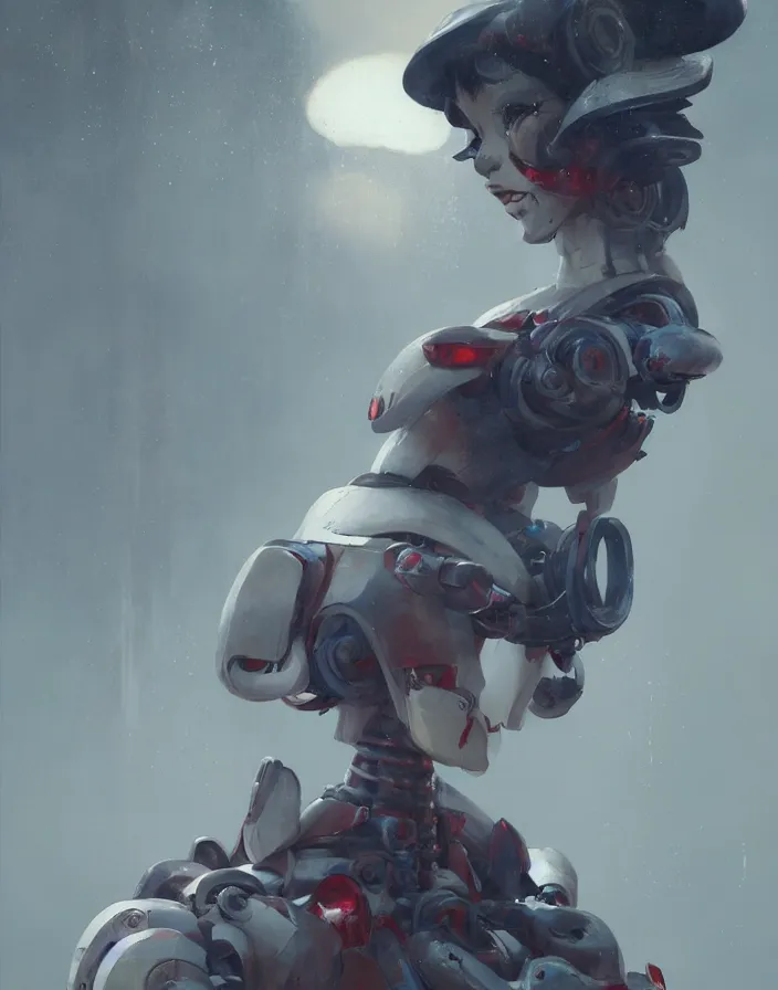 Image similar to portrait of a geisha robot by greg rutkowski and ruan jia, mecha, washed colors, dark, gloomy, matte painting, unreal engine 5