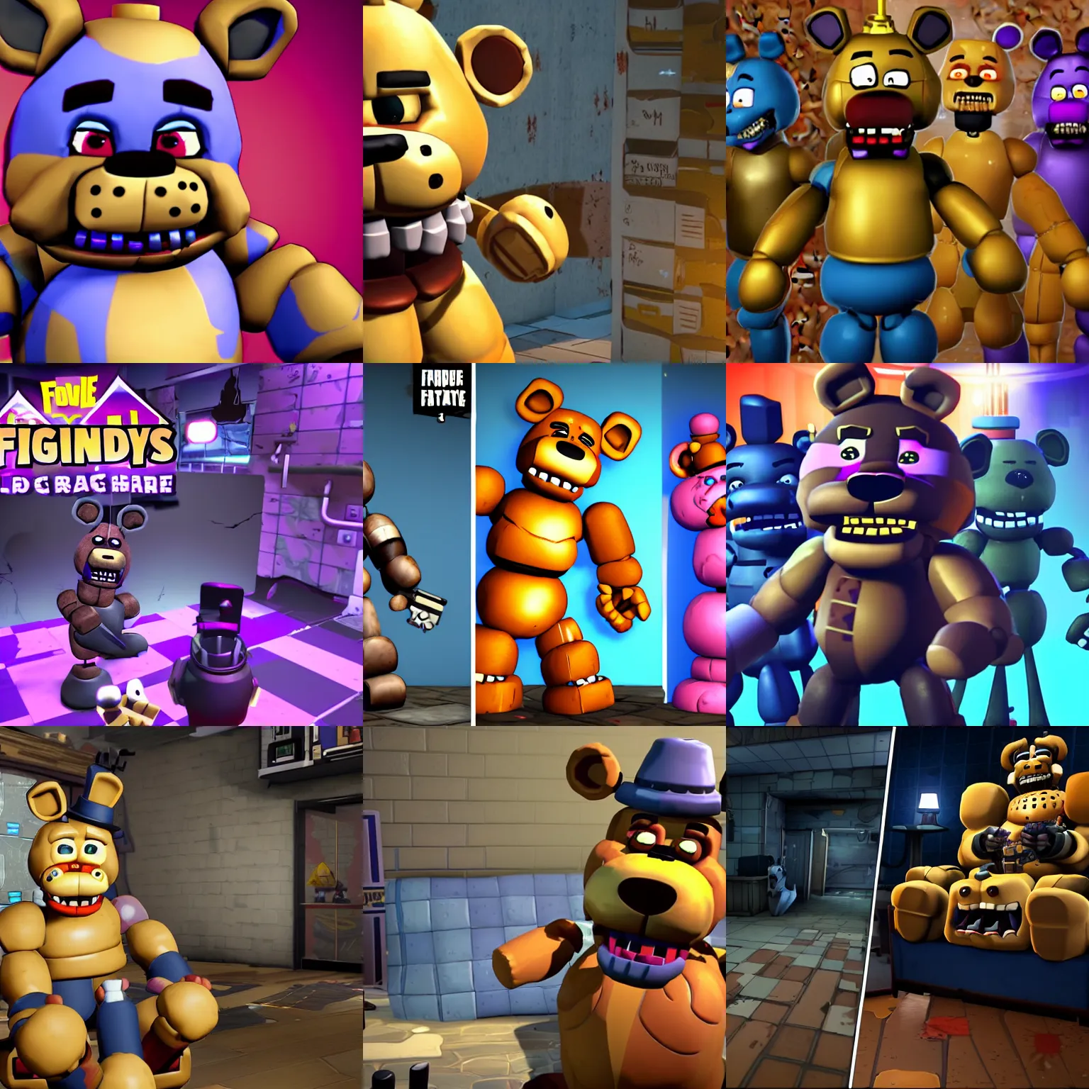 Prompt: the game five nights at freddy's with the brand new fortnite dlc, gameplay screenshots