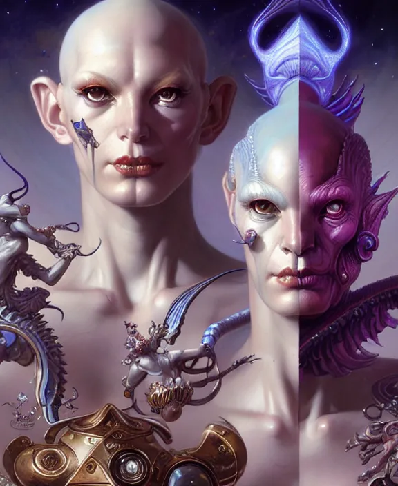 Image similar to beautiful gemini good and evil fantasy character portrait, ultra realistic, wide angle, intricate details, the fifth element artifacts, highly detailed by peter mohrbacher, hajime sorayama, wayne barlowe, boris vallejo, aaron horkey, gaston bussiere, craig mullins